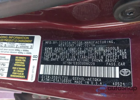 2014 Toyota Avalon Xle Touring from USA, damaged, VIN 4T1BK1EB5EU098229